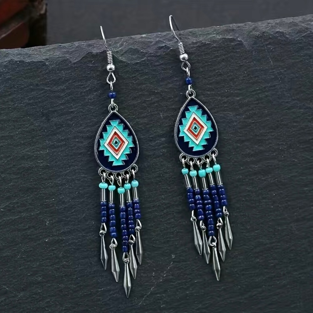 Bohemian Alloy Earrings Oval Hand-woven Rice Beads Tassel Earrings *Faux Fashion